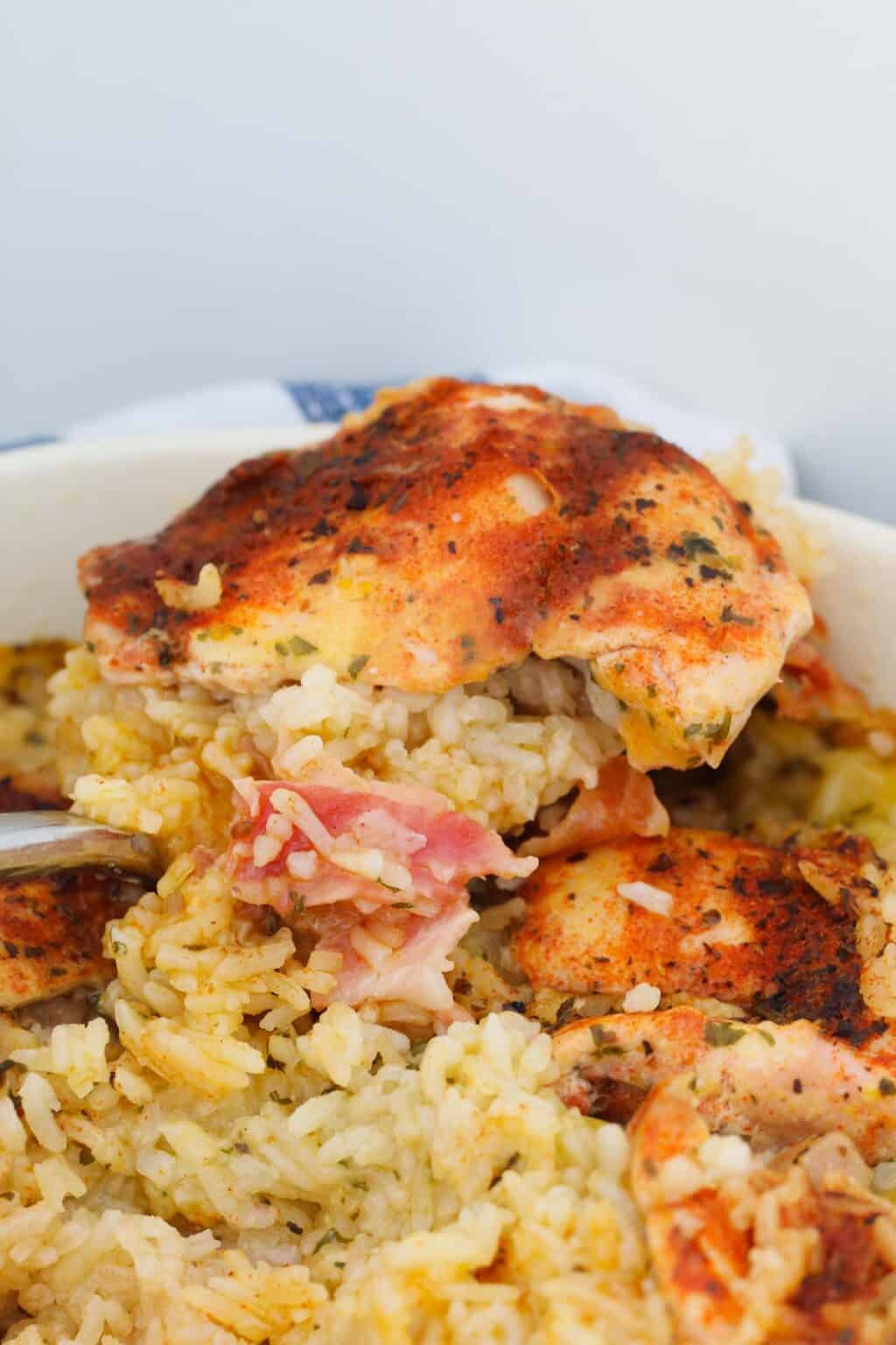 Creamy Oven Baked Chicken And Rice With Bacon - Bake Play Smile