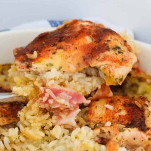 A cajun spiced chicken thigh baked with rice and bacon.