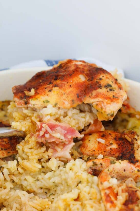 Creamy Oven Baked Chicken And Rice With Bacon - Bake Play Smile