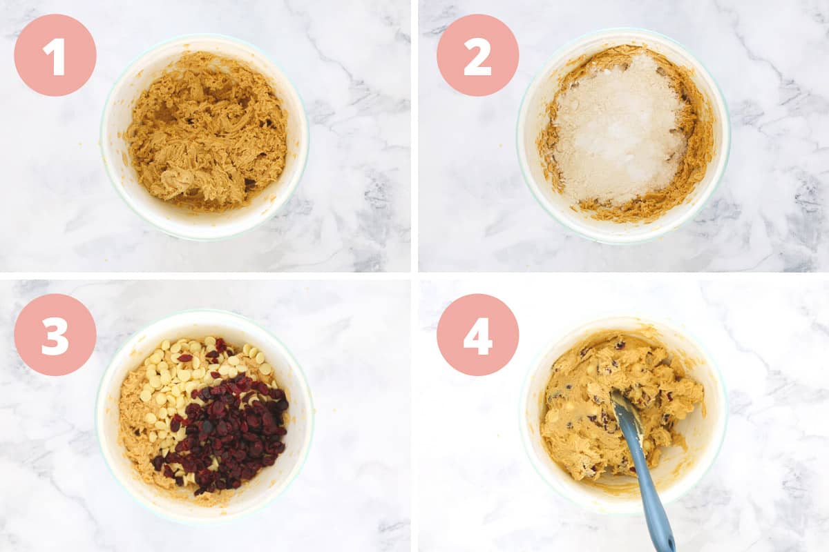 A collage of four steps showing flour, white chocolate and cranberries being mixed into dough