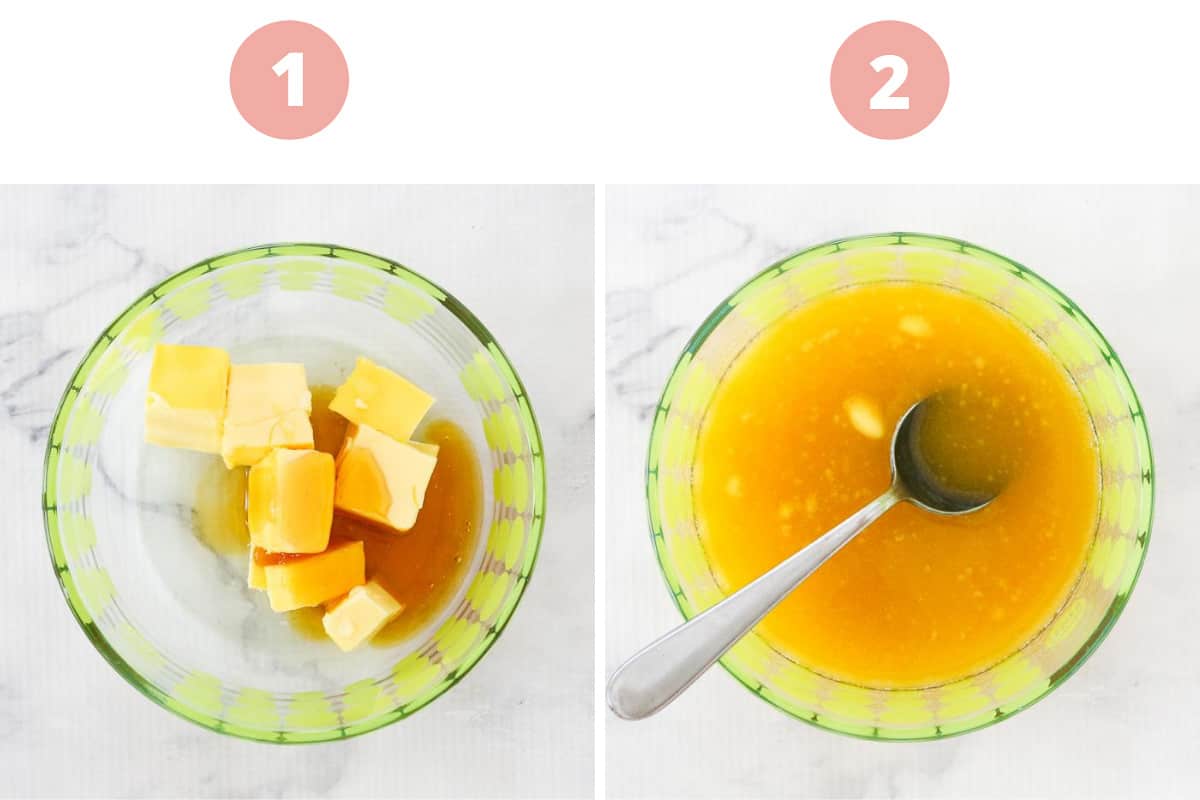 A bowl with butter, golden syrup and water, and a second bowl with these ingredients melted together