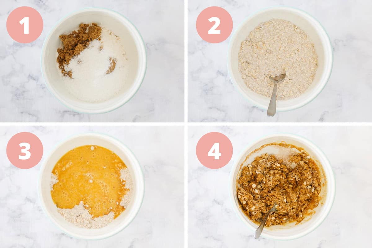 Four steps of mixing dry ingredients then adding wet ingredients and then mixing