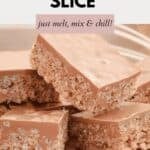 Pieces of a no bake chocolate slice, a with milk chocolate layer on top.