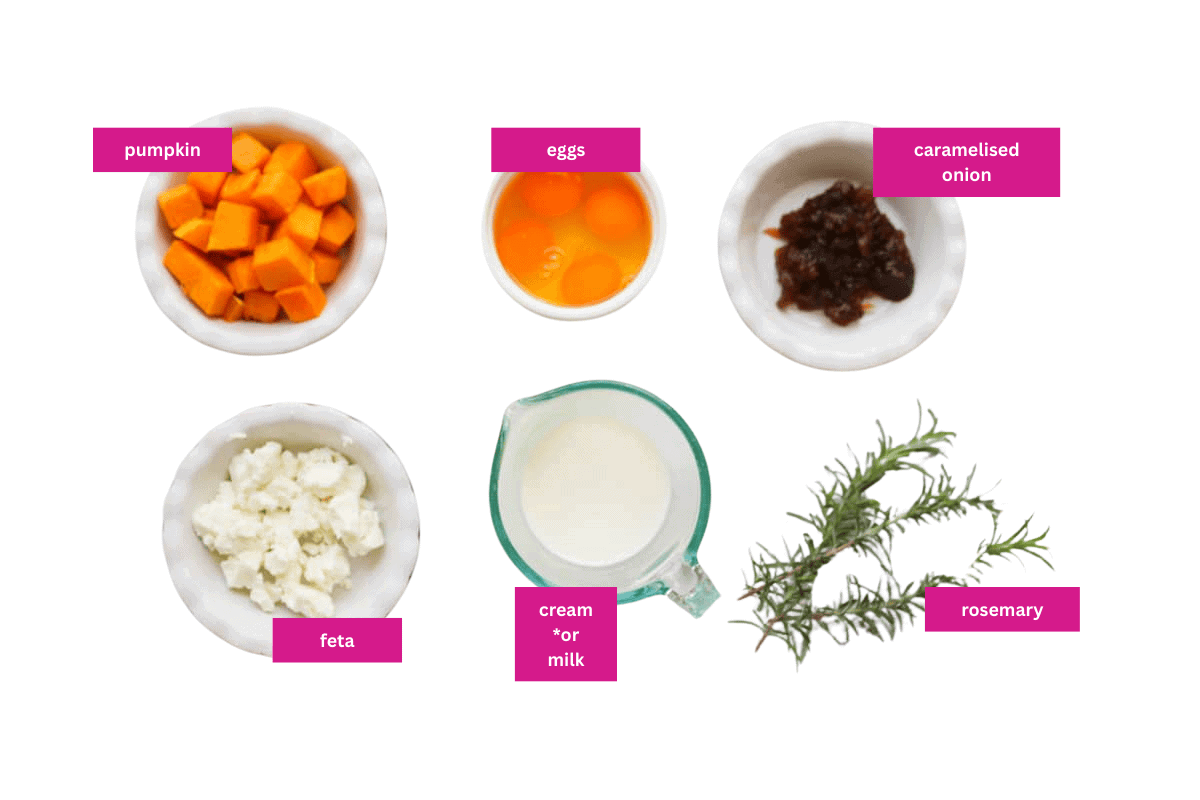 The ingredients for a pumpkin, feta and caramelised onion puff pastry tart in small bowls.
