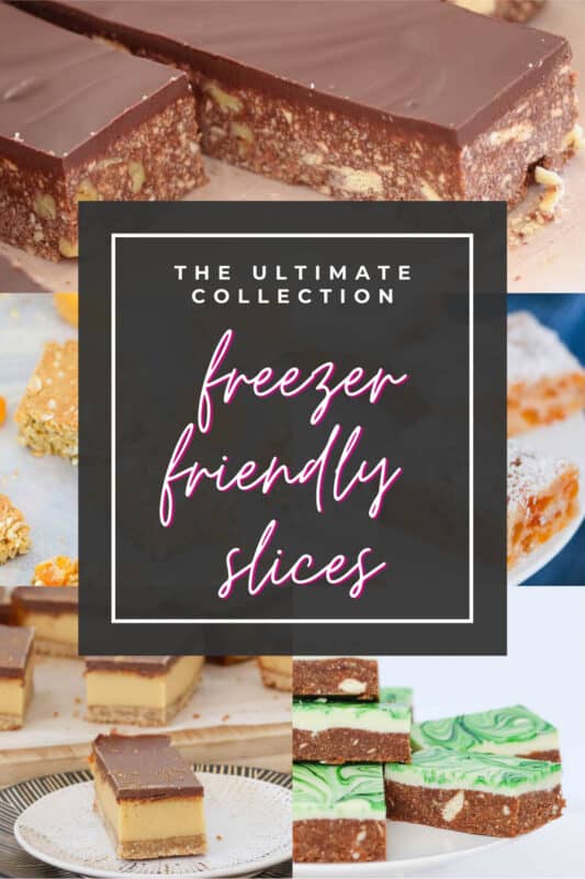 A Pinterest image with freezer slices in the background and the text overlay 'freezer friendly slices'