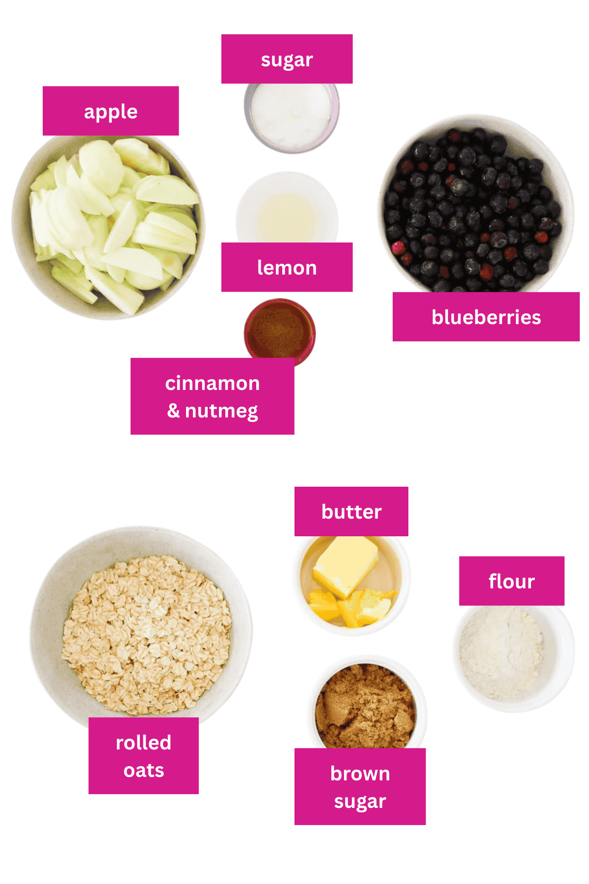 The ingredients for an apple and blueberry crumble in small bowls.