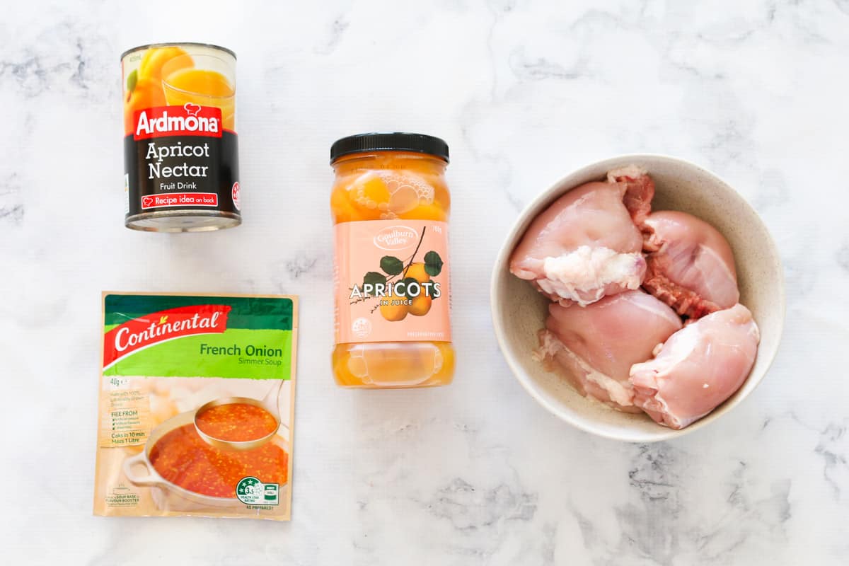 The four ingredients for apricot chicken.
