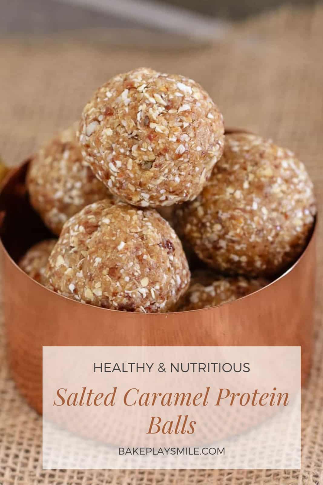 A copper bowl filled with salted caramel protein balls.