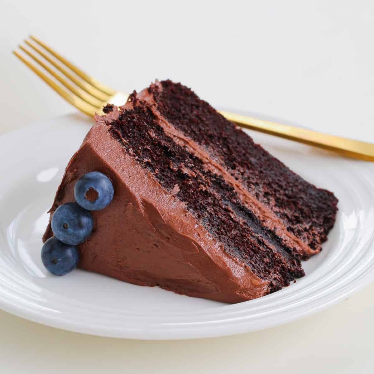 A slice of rich mud cake with chocolate frosting and blueberries on a white plate.