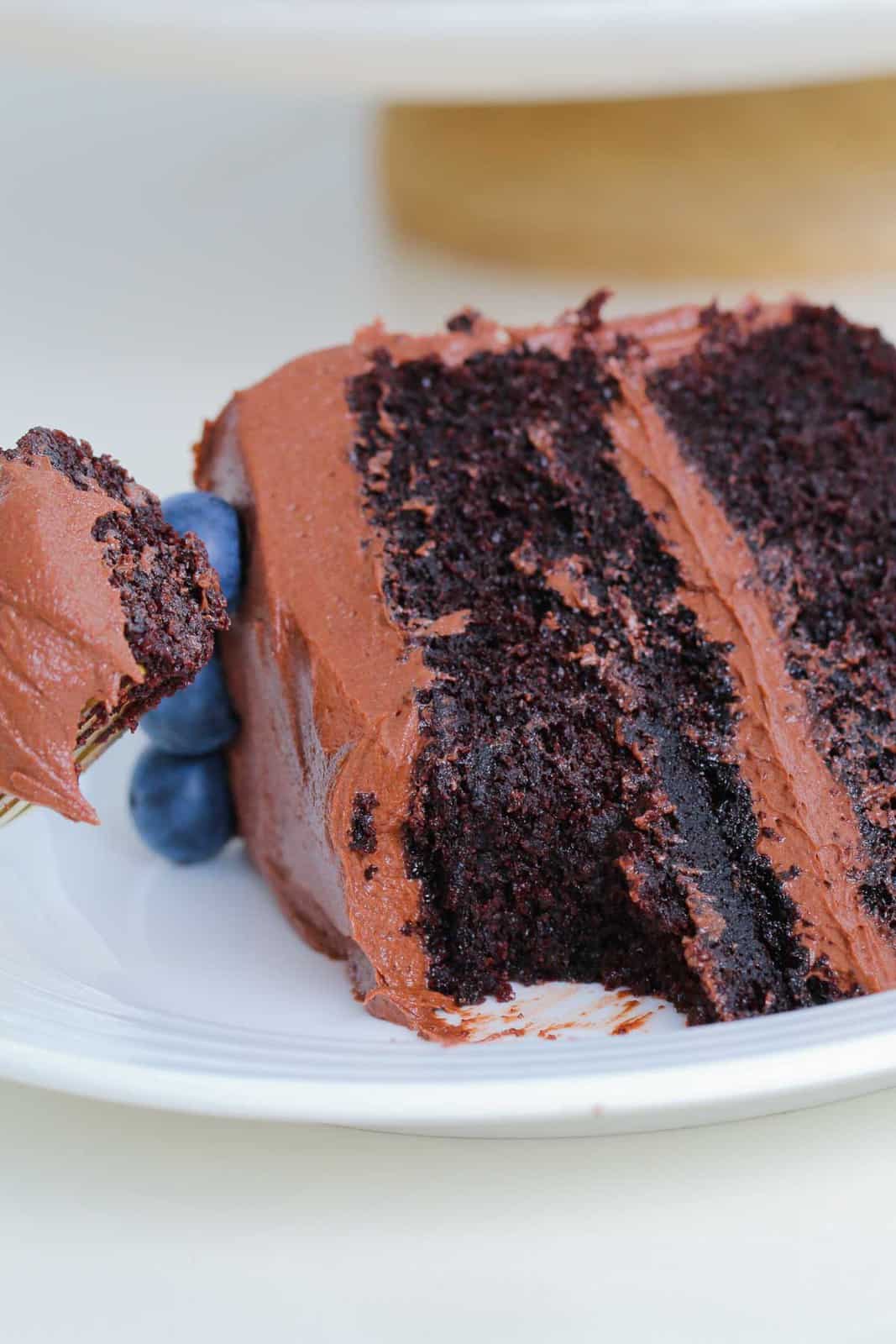 A half eaten piece of double layer chocolate mud cake on a plate with chocolate frosting and blueberries
