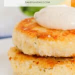 A Pinterest image with golden pan-fried fish cakes.