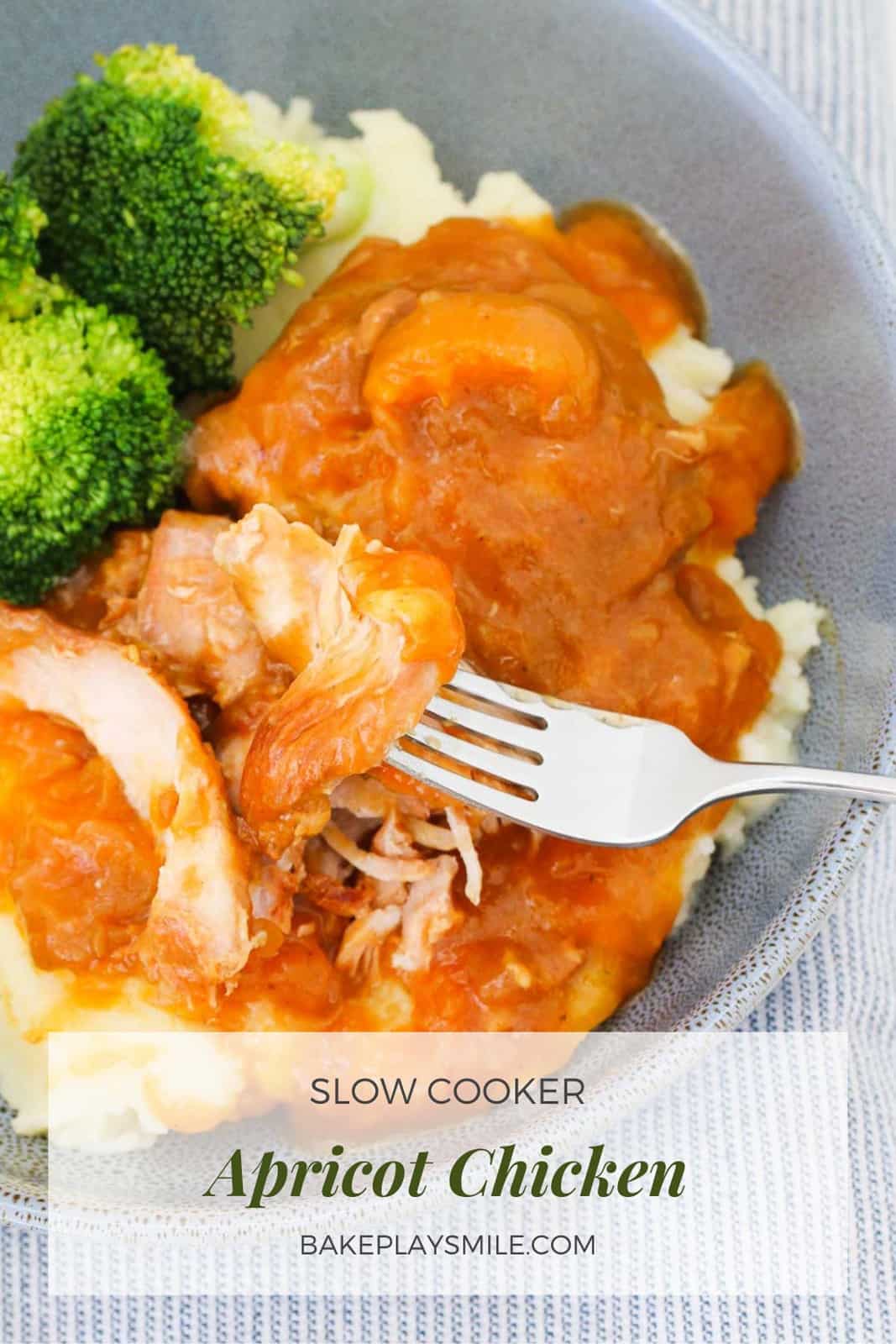 A blue bowl filled with mashed potato, broccoli and tender apricot chicken.