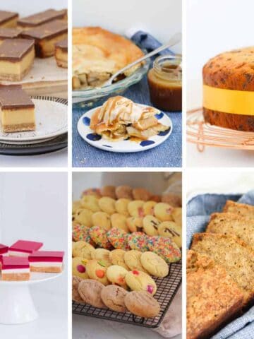 A collage of popular baking recipes from banana bread to fruit cake, cookies to apple pie and caramel slice to jelly slice.