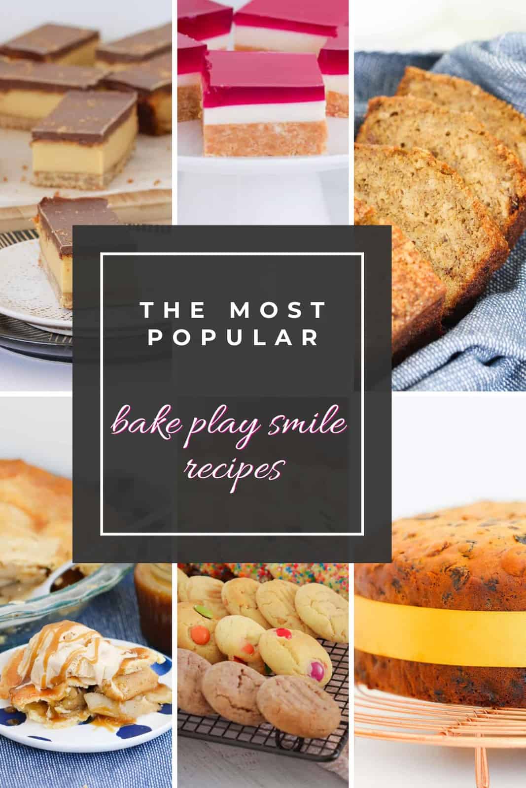 A collage of popular baking recipes from banana bread to fruit cake, cookies to apple pie, and caramel slice to jelly slice.