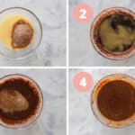 A collage showing the process of mixing a mud cake.