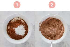 Sugar, cocoa and flour in a bowl.