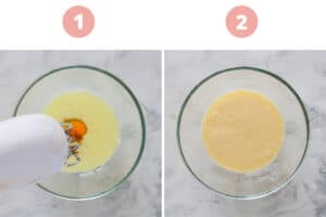 A collage showing beaters mixing a bowl filled with creamy liquid.