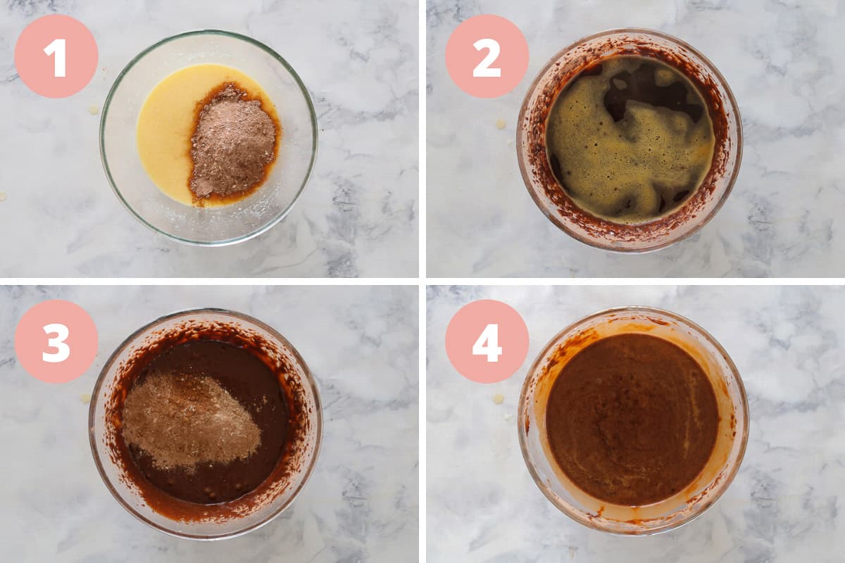 A collage showing four steps in the process of mixing a mud cake.