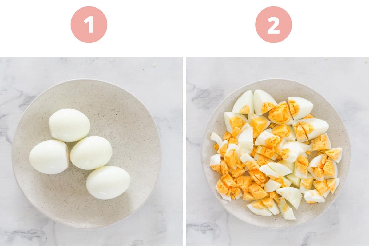 Two steps showing four hard boiled eggs peeled, then chopped into pieces in a bowl.