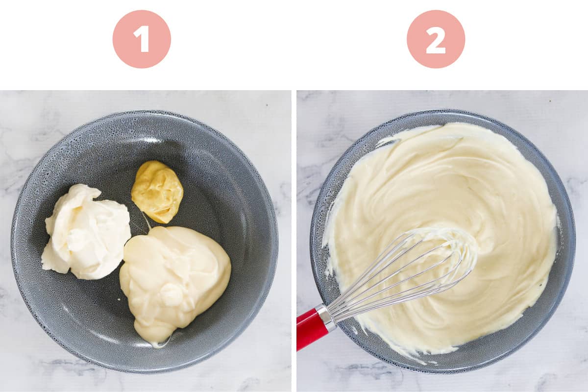 The two steps of how to make a dressing with sour cream, dijon mustard and mayonnaise.