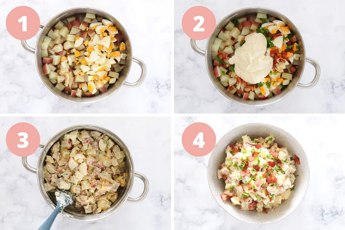 A collage of four steps showing egg, bacon, spring onion and creamy dressing being added to potatoes and mixed.