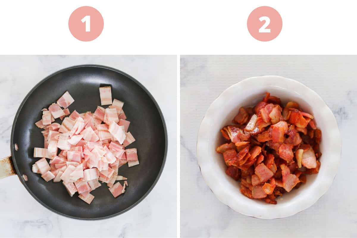 Two photos showing bacon in a frying pan and then cooked to crispy pieces.
