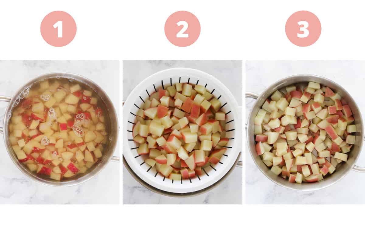 A collage showing chunks of potato being boiled in a pot then drained.