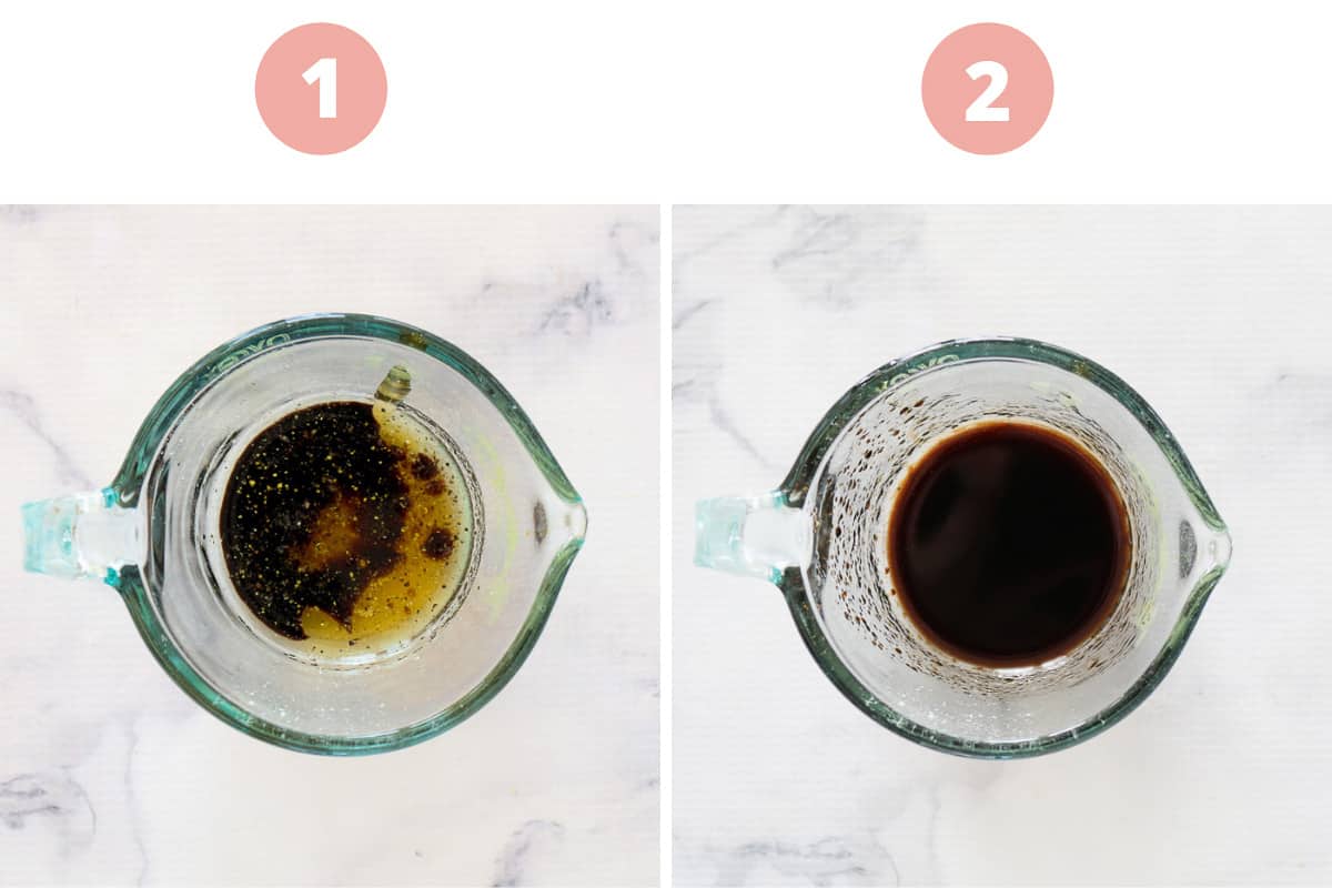 A collage showing how to make a honey and balsamic dressing.