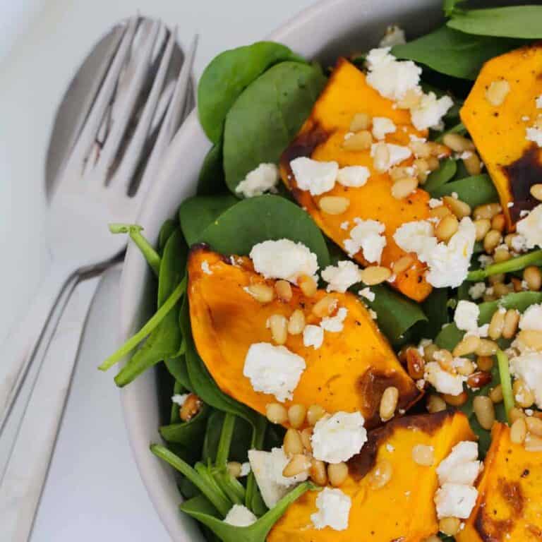 Roast Pumpkin Salad With Feta Pine Nuts And Baby Spinach Bake Play Smile