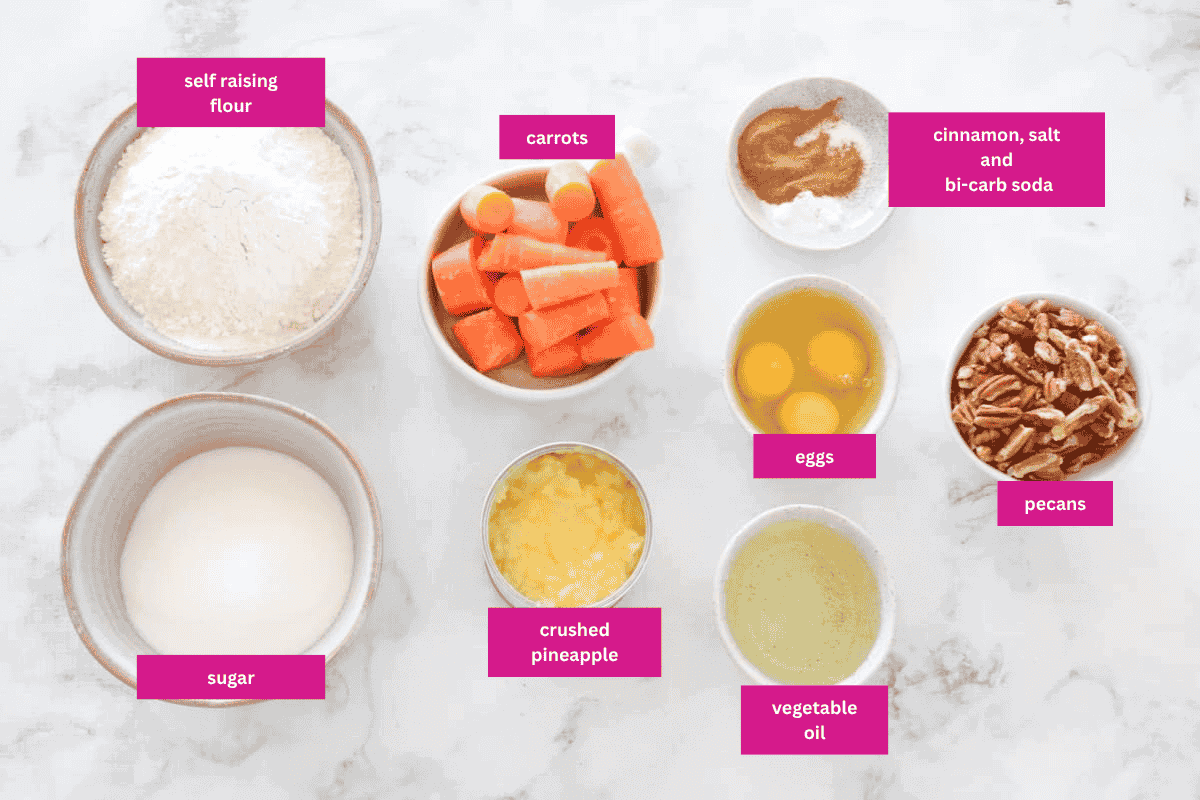 The ingredients for carrot cake with pineapple and pecans.