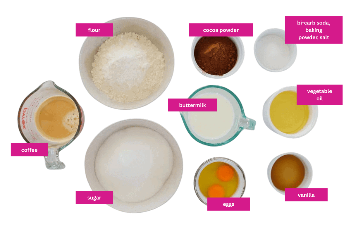 The ingredients for a chocolate mud cake in small bowls.