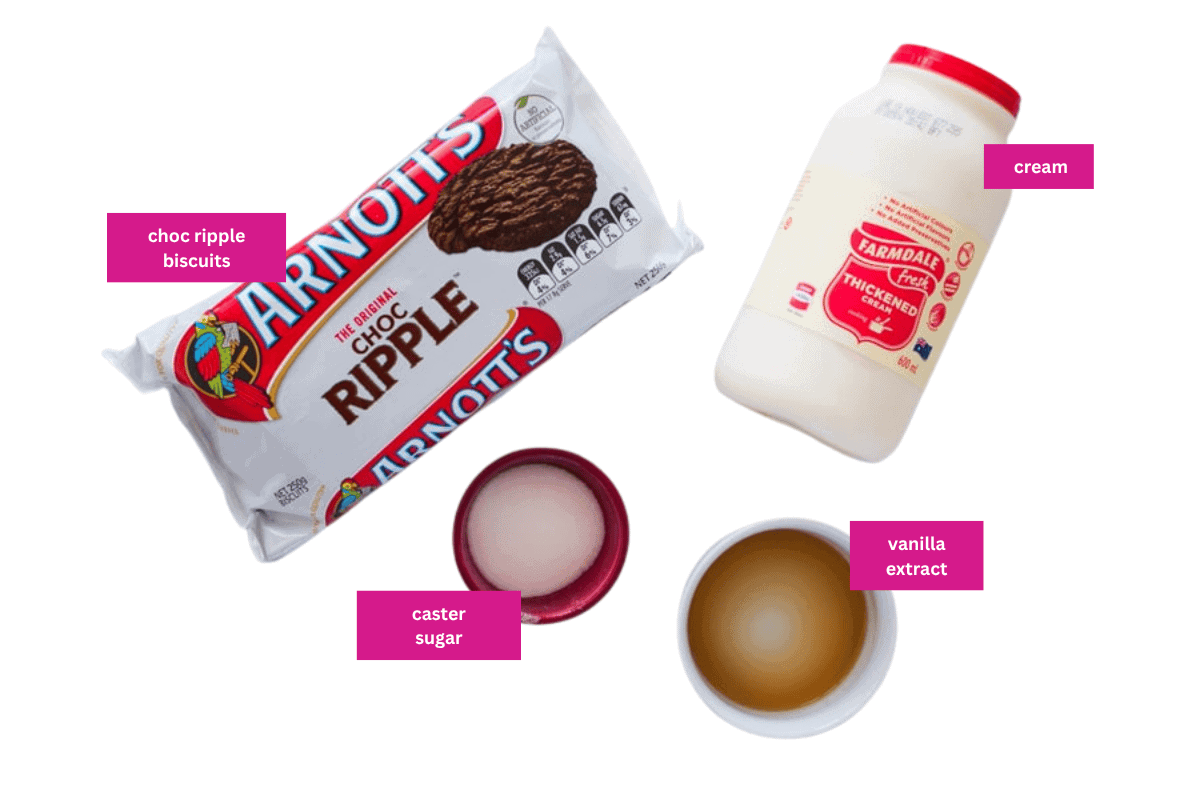 Cream, chocolate ripple biscuits, sugar and vanilla laid out.