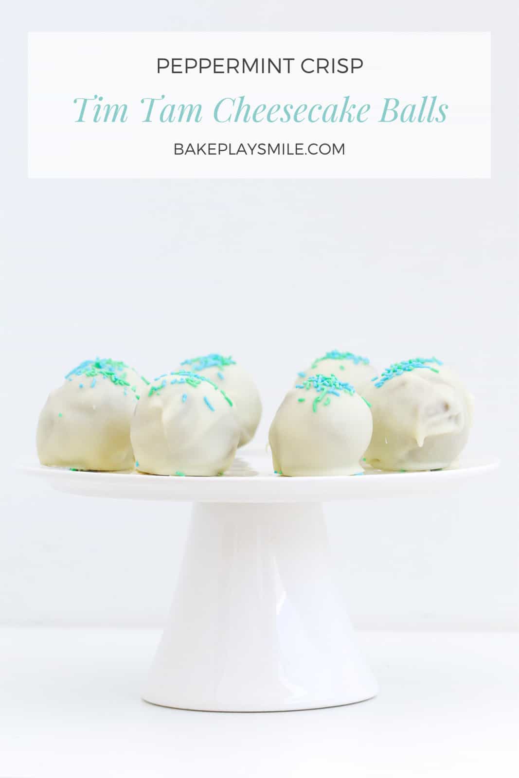 Peppermint Crisp Tim Tam balls decorated with green sprinkles on a white cake stand