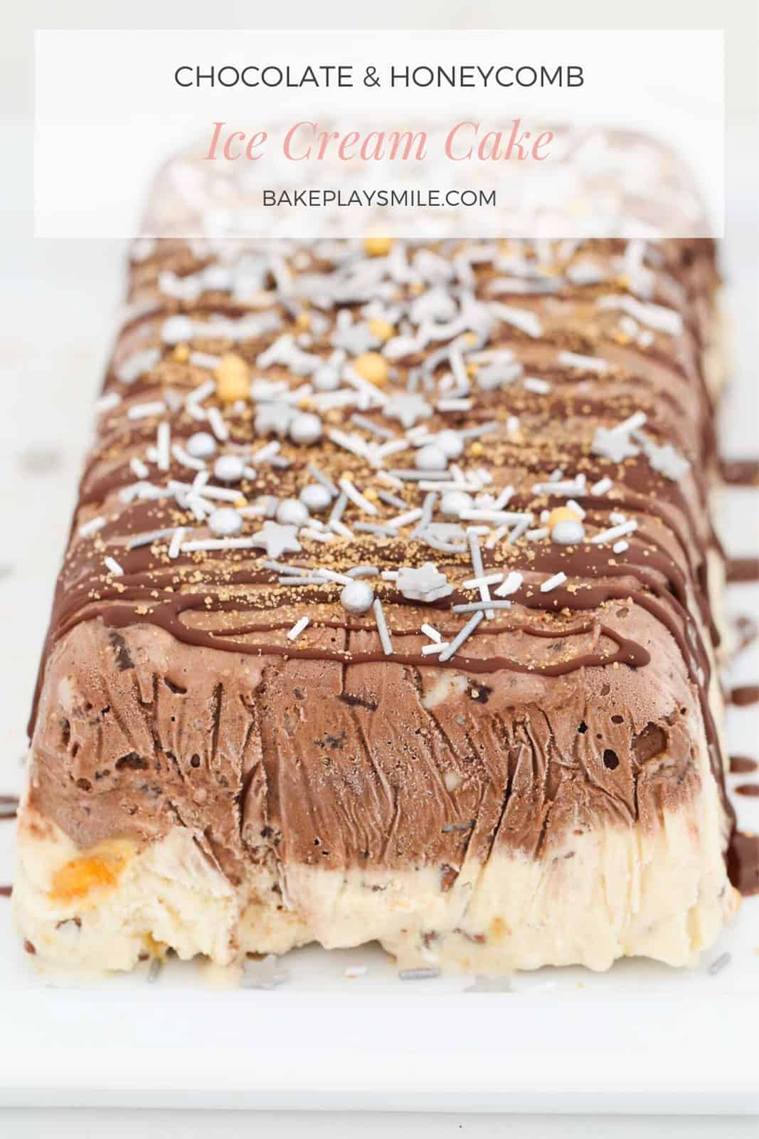 A chocolate and vanilla ice-cream log drizzled with Ice Magic and decorations