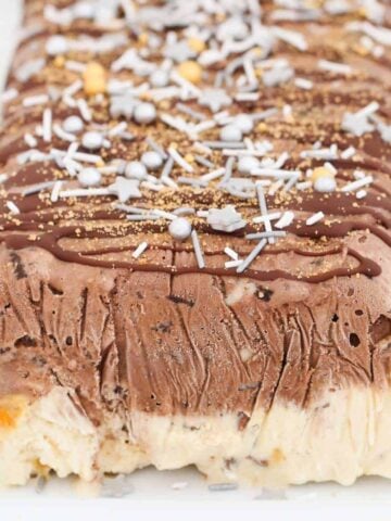 A two layered homemade chocolate and honeycomb ice cream cake.