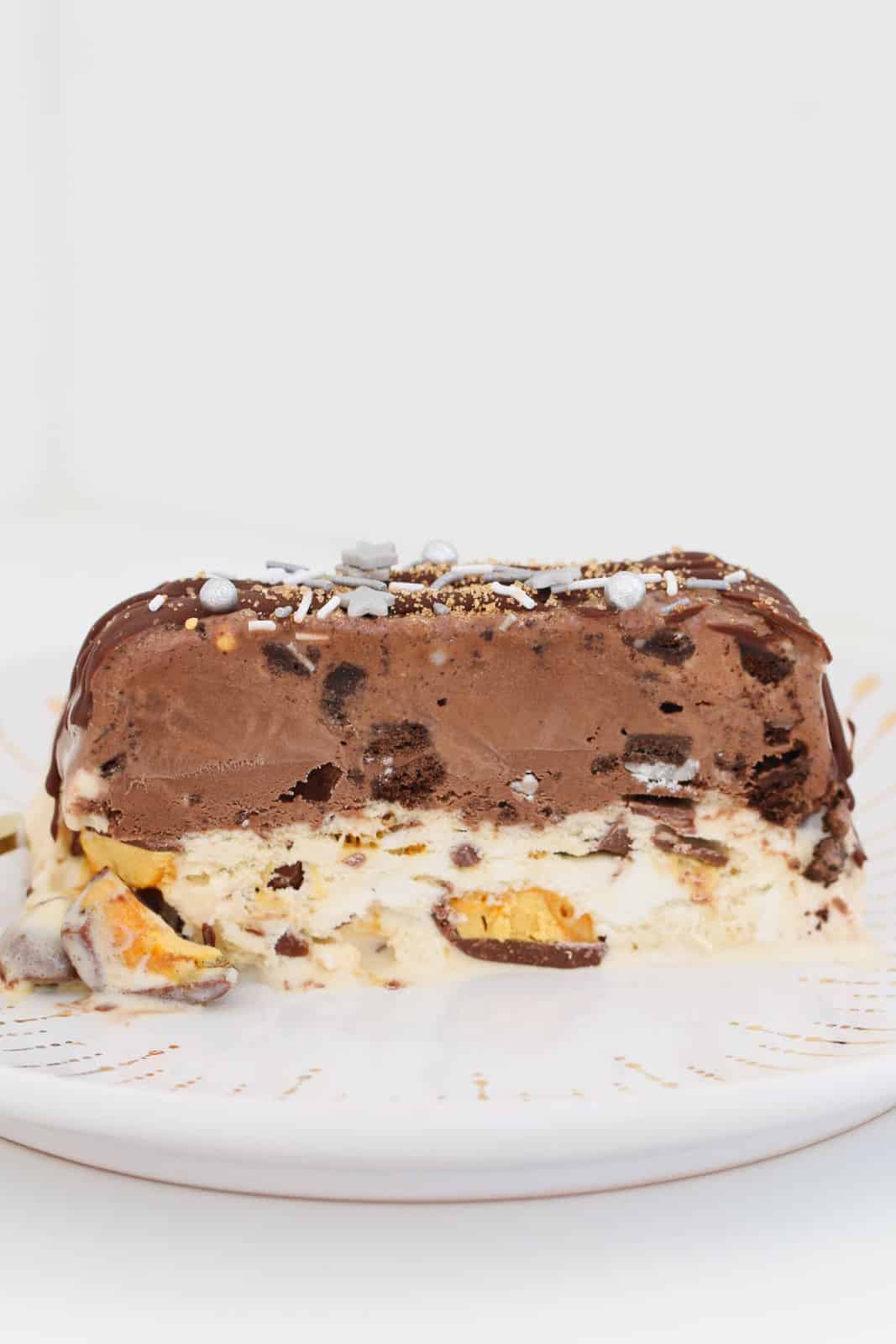 A piece of vanilla, honeycomb and chocolate ice-cream cake.