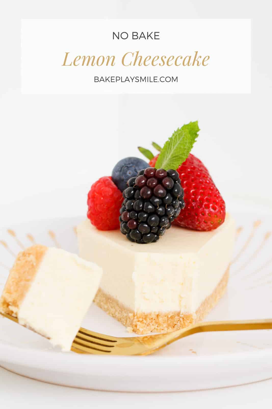 A Pinterest image of a piece of lemon cheesecake.