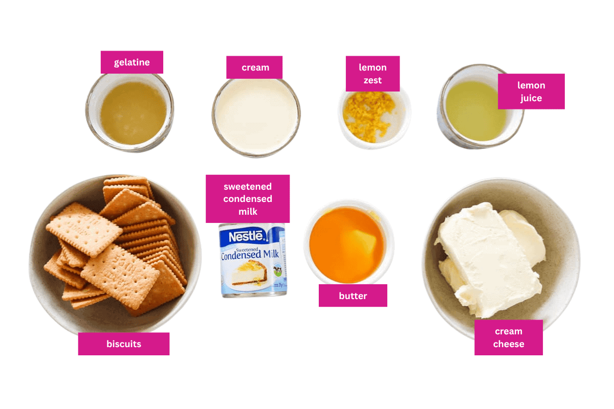 The ingredients for a lemon cheesecake laid out in small bowls.