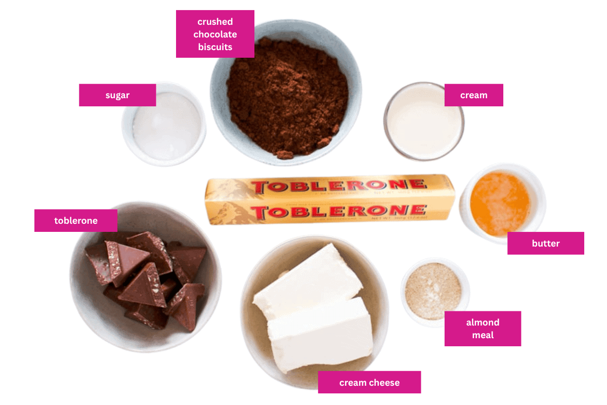 The ingredients for a Toblerone cheesecake in small bowls.