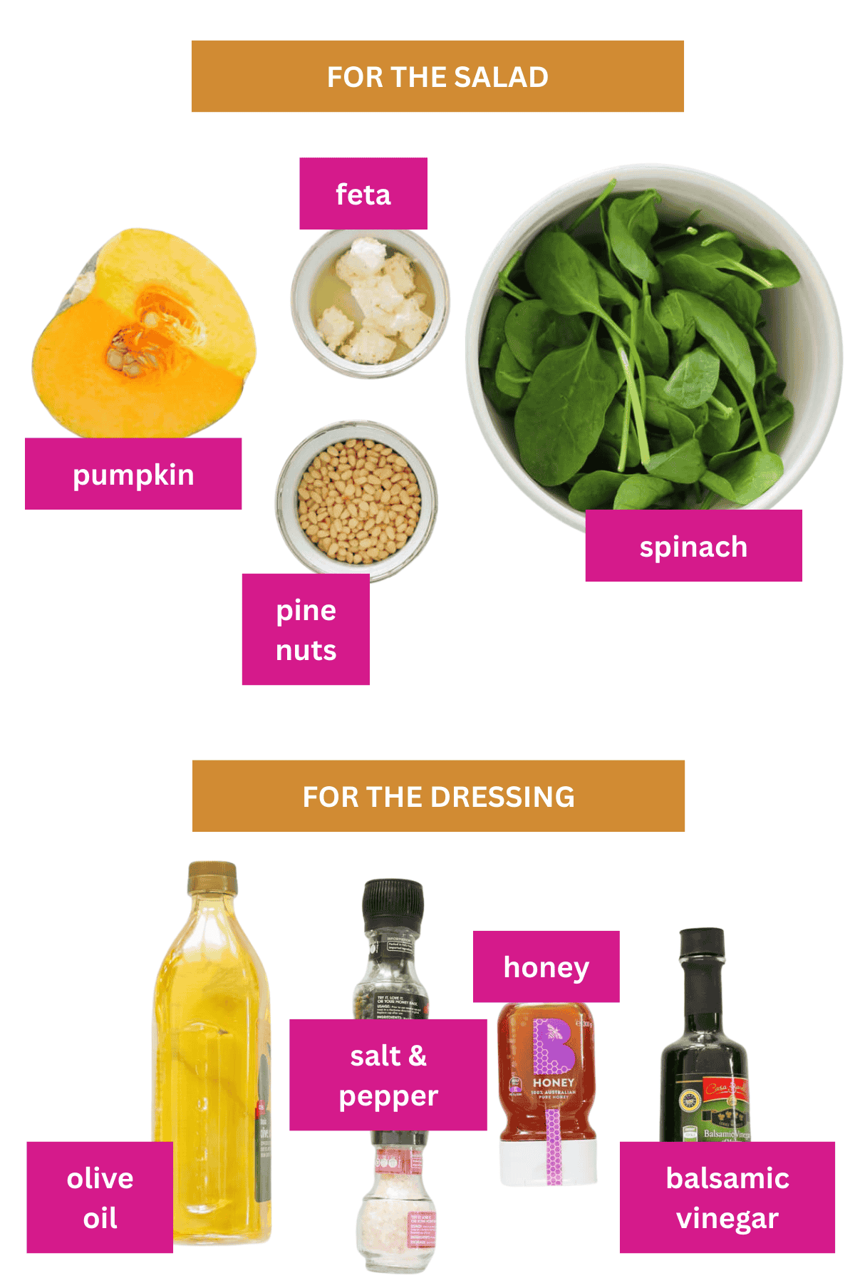 The ingredients for a salad with pumpkin, spinach, feta and pine nuts with honey balsamic dressing.