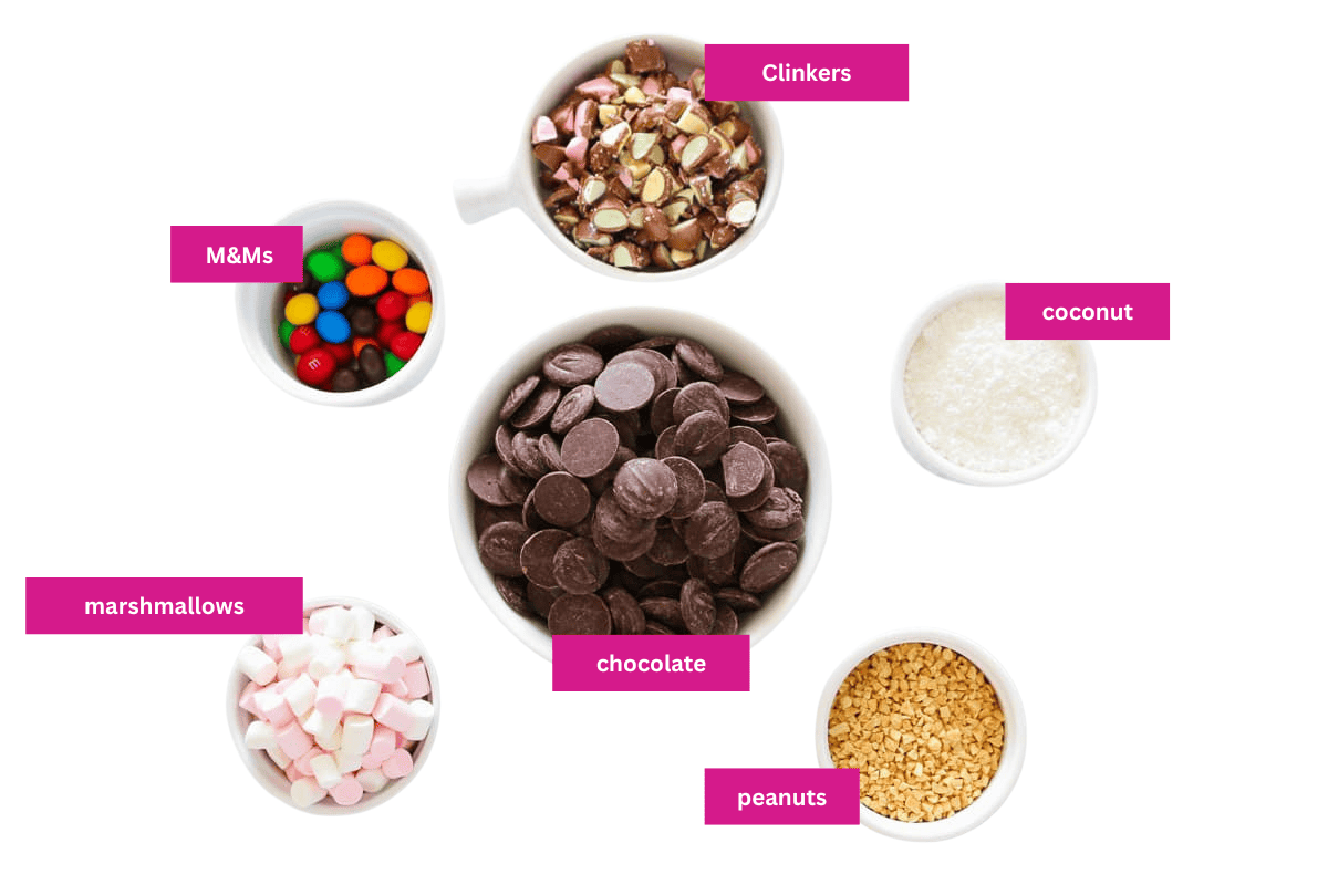 Clinkers rocky road ingredients in bowls.