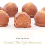 A Pinterest image with the text Caramel Cheesecake Balls and a plate of cheesecake balls.