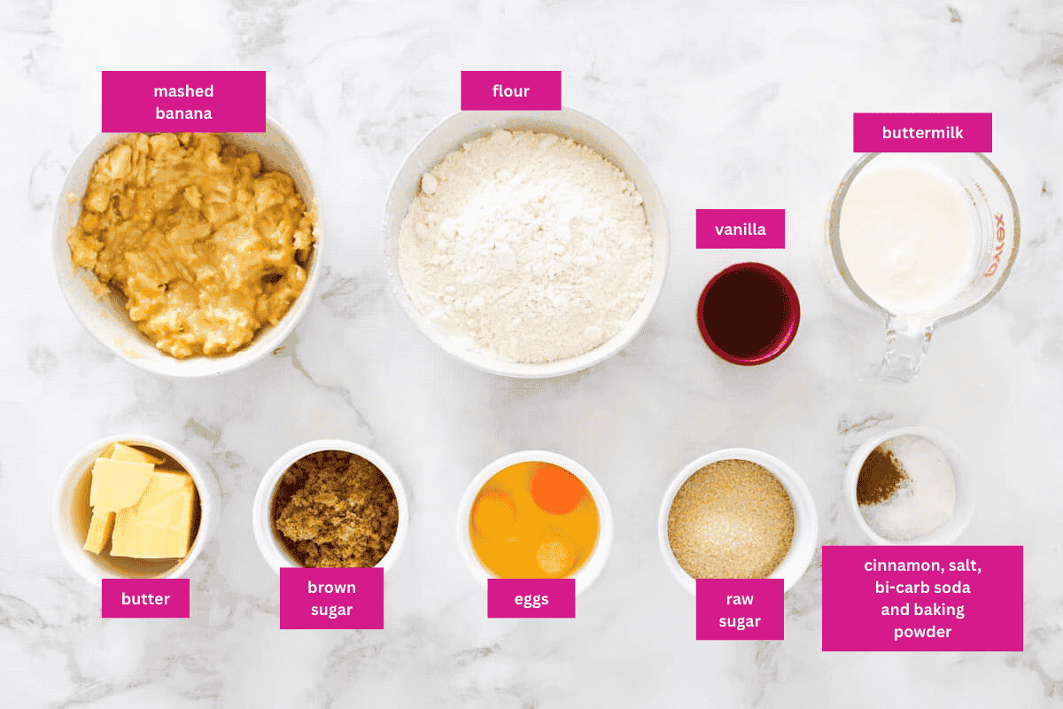 The ingredients for banana cake in small bowls.