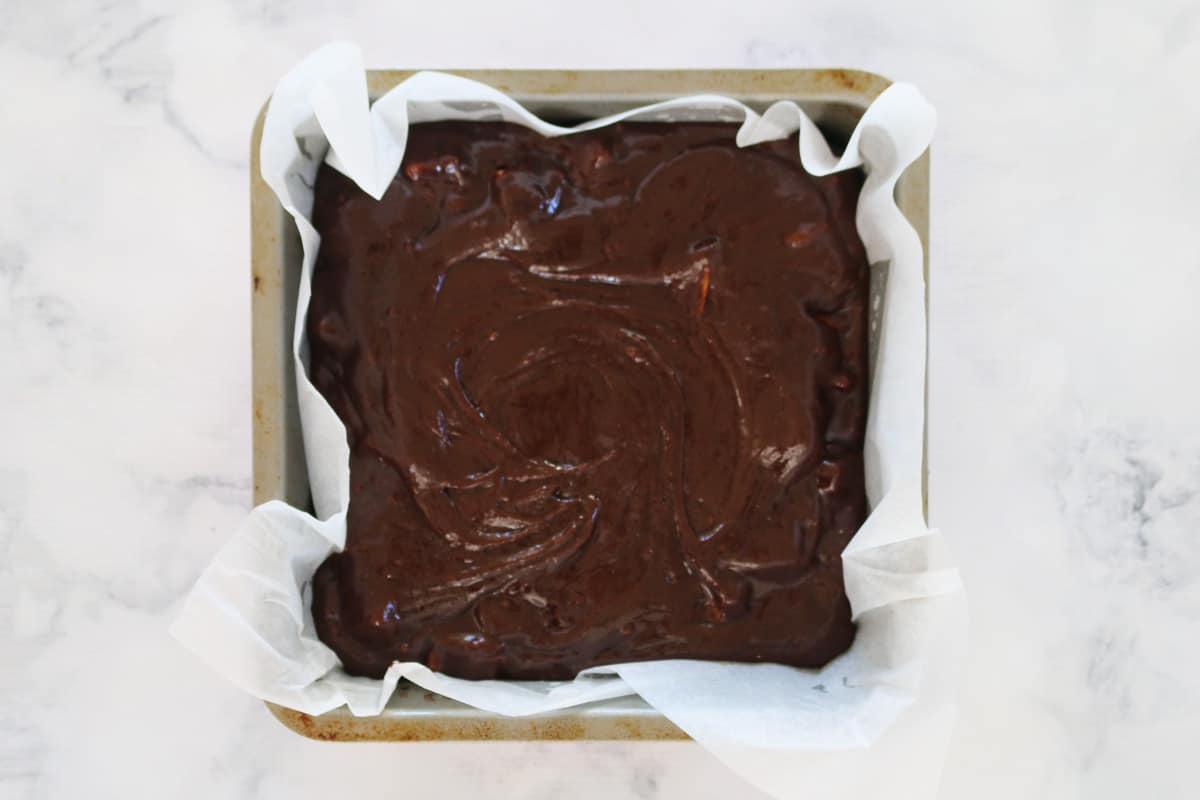 Brownie mix in baking dish.