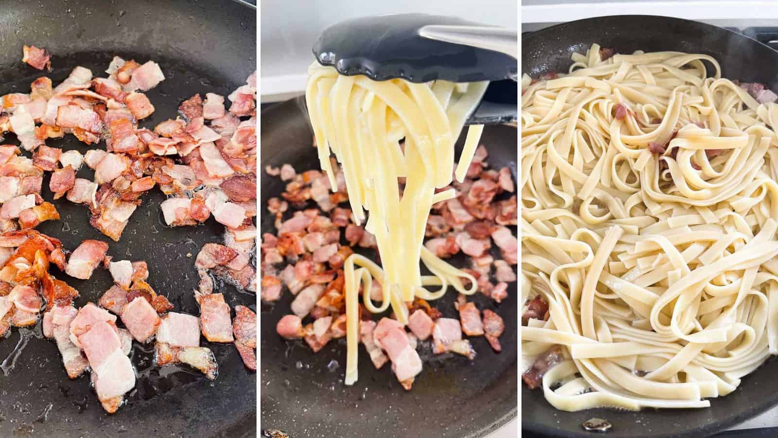 Step by step photos showing chopped bacon cooking in saucepan and then adding cooked fettuccine