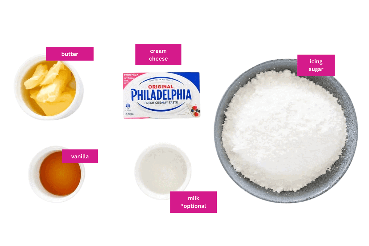The ingredients for cream cheese frosting in small bowls.