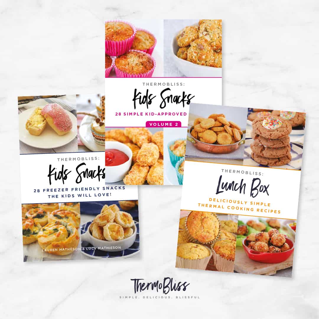 Three lunch box ideas cookbooks on a white background with snack recipes on the covers.