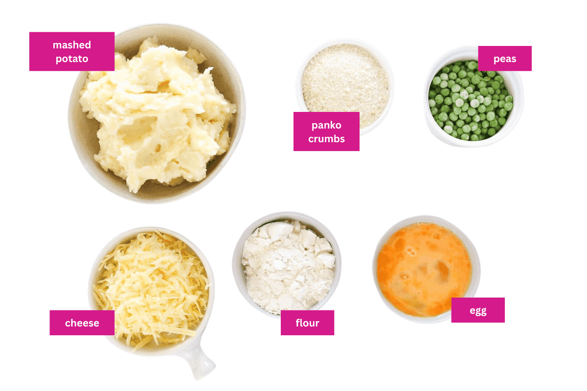 The ingredients for homemade potato cakes using mashed potato.