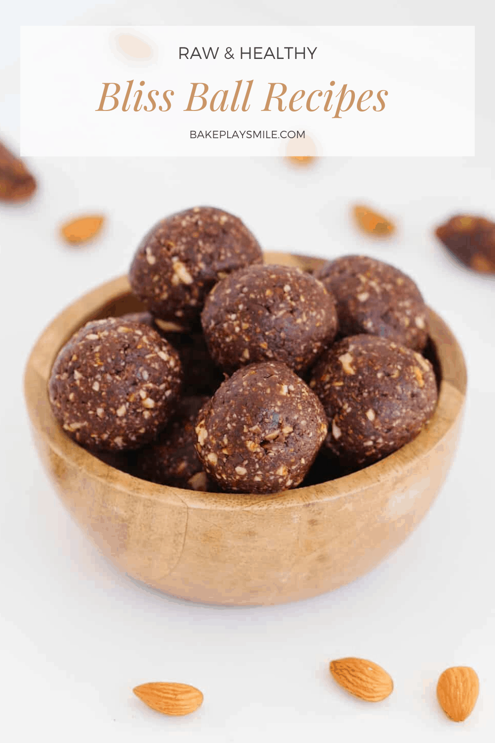 A Pinterest image of a bowl of bliss balls with the text overlay 'Healthy Bliss Ball Recipes'
