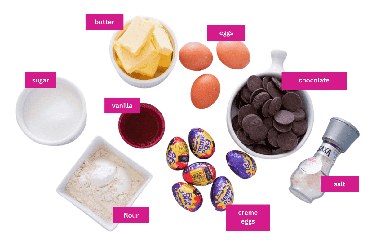 The ingredients for a chocolate brownie made with Cadbury creme eggs.